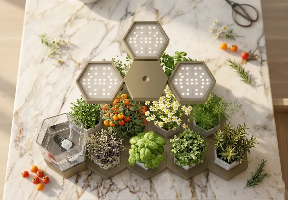 Top-down view of the AI Ponics hex modules and grow lights