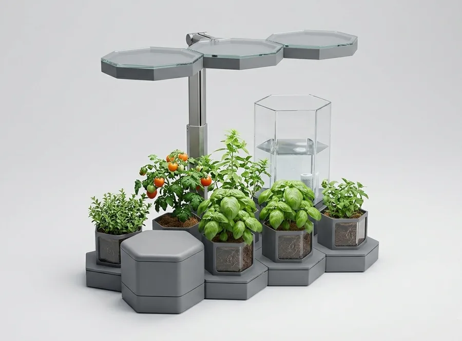 The full AI Ponics system — connected hex modules, grow light and water reservoir