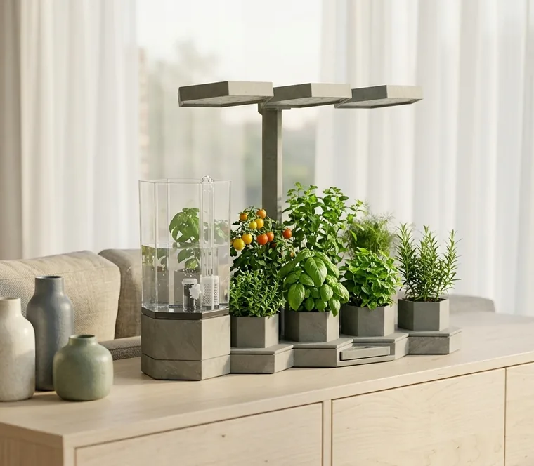 AI Ponics on a sideboard in a bright, airy living room