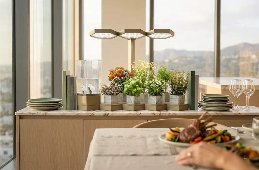 AI Ponics on a credenza by a dining table set for a meal