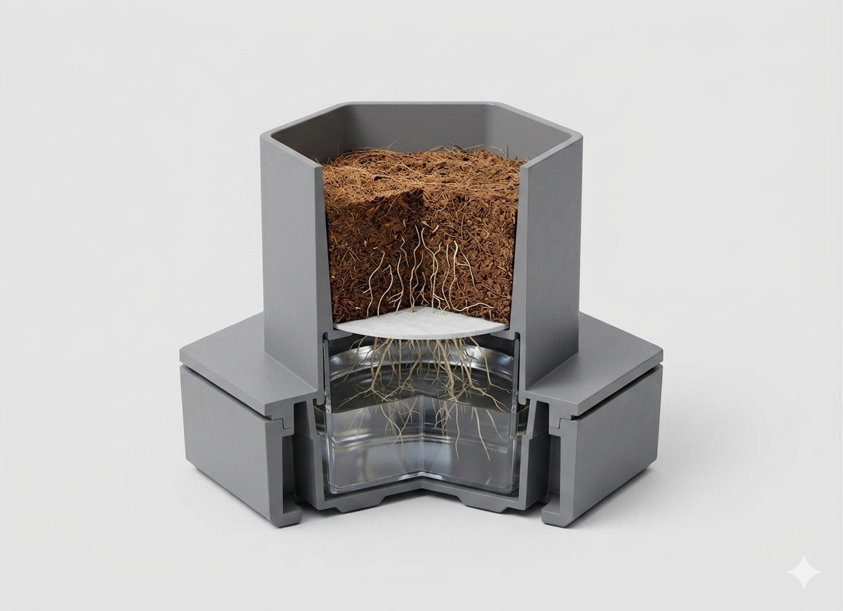Cutaway of an AI Ponics pod showing roots in the growing medium above a still water reservoir