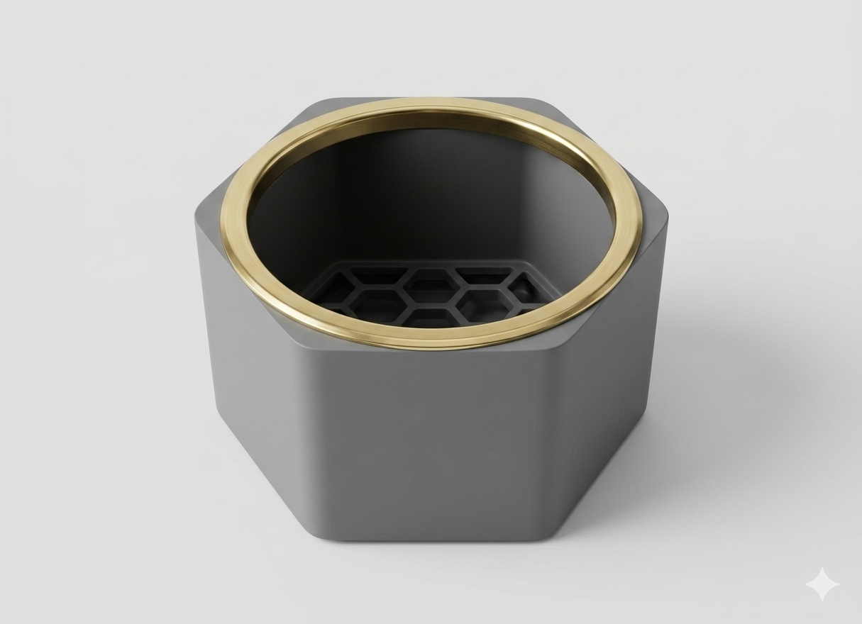 A single AI Ponics hexagonal grow pod with a brass rim and honeycomb root base