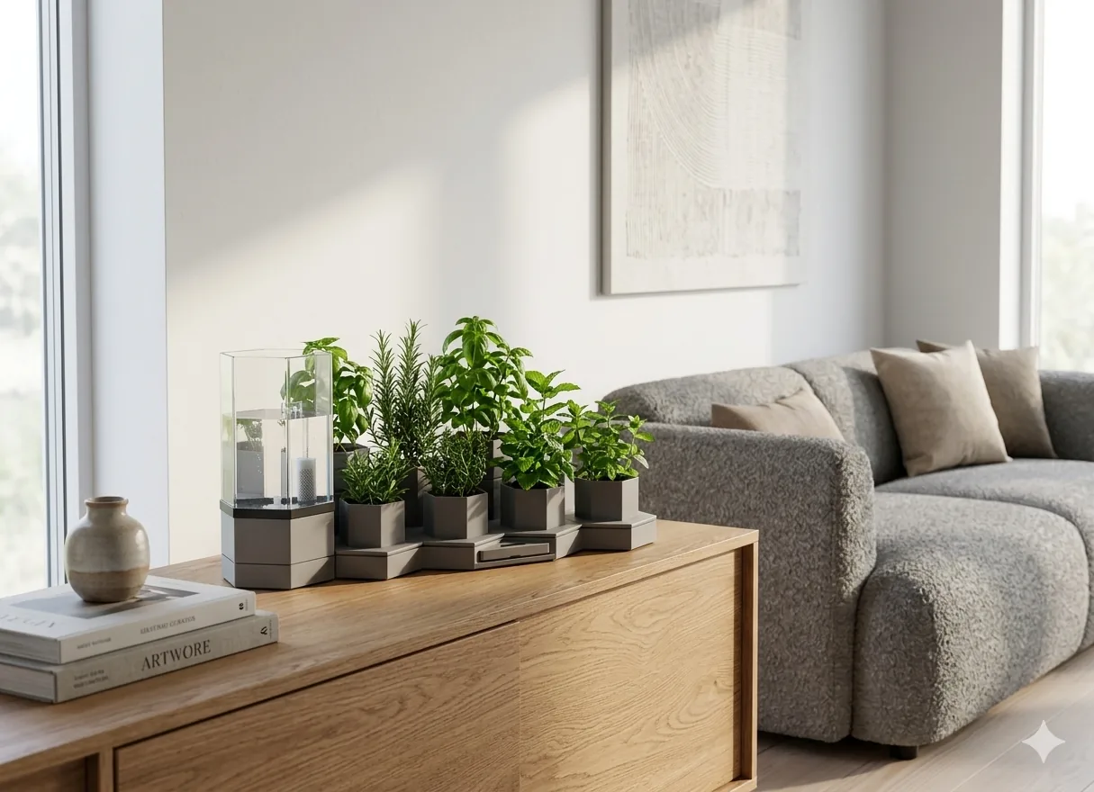 The AI Ponics garden on a console in a bright living room, the hands-free Urban Jungle Auto model