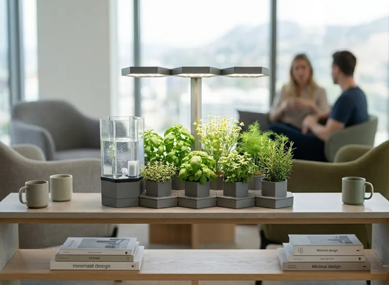 AI Ponics on a living-room coffee table