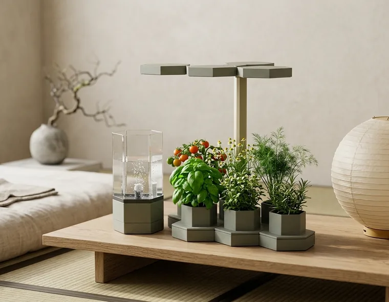 AI Ponics in a calm, minimalist room